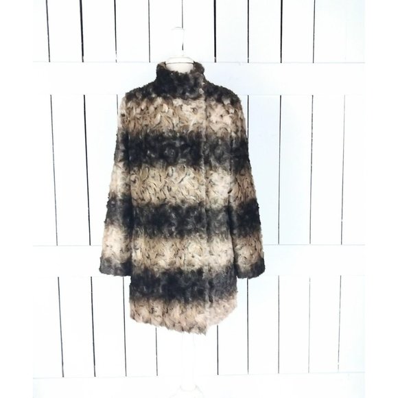Striped faux fur winter coat/chunky faux fur brown striped jacket/Hal Rubenstein - Picture 1 of 10